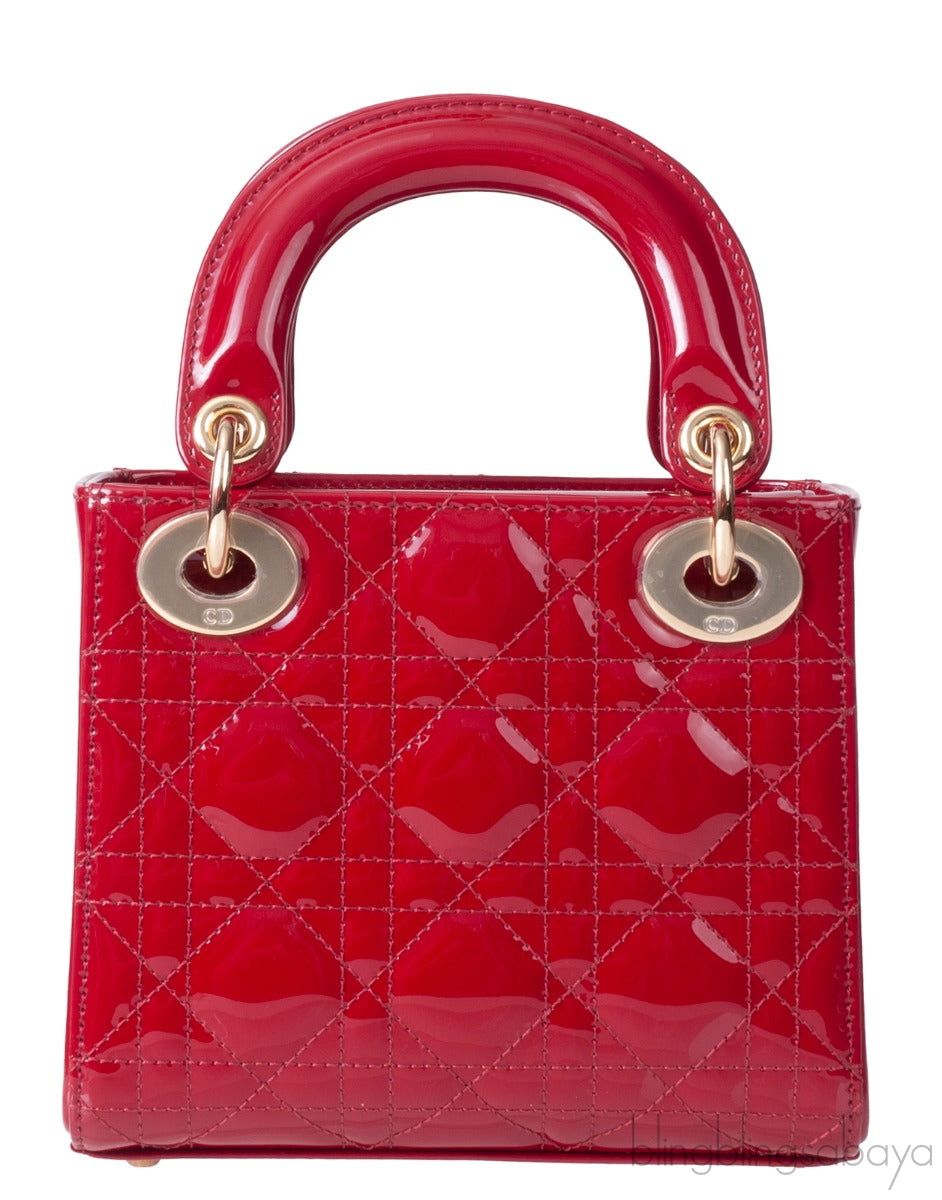 Christian Dior Lady Dior Mini Red Patent Quilted Leather GHW