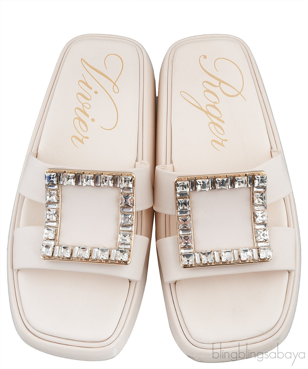 Slide Crystal Buckle Off-white Leather Mule