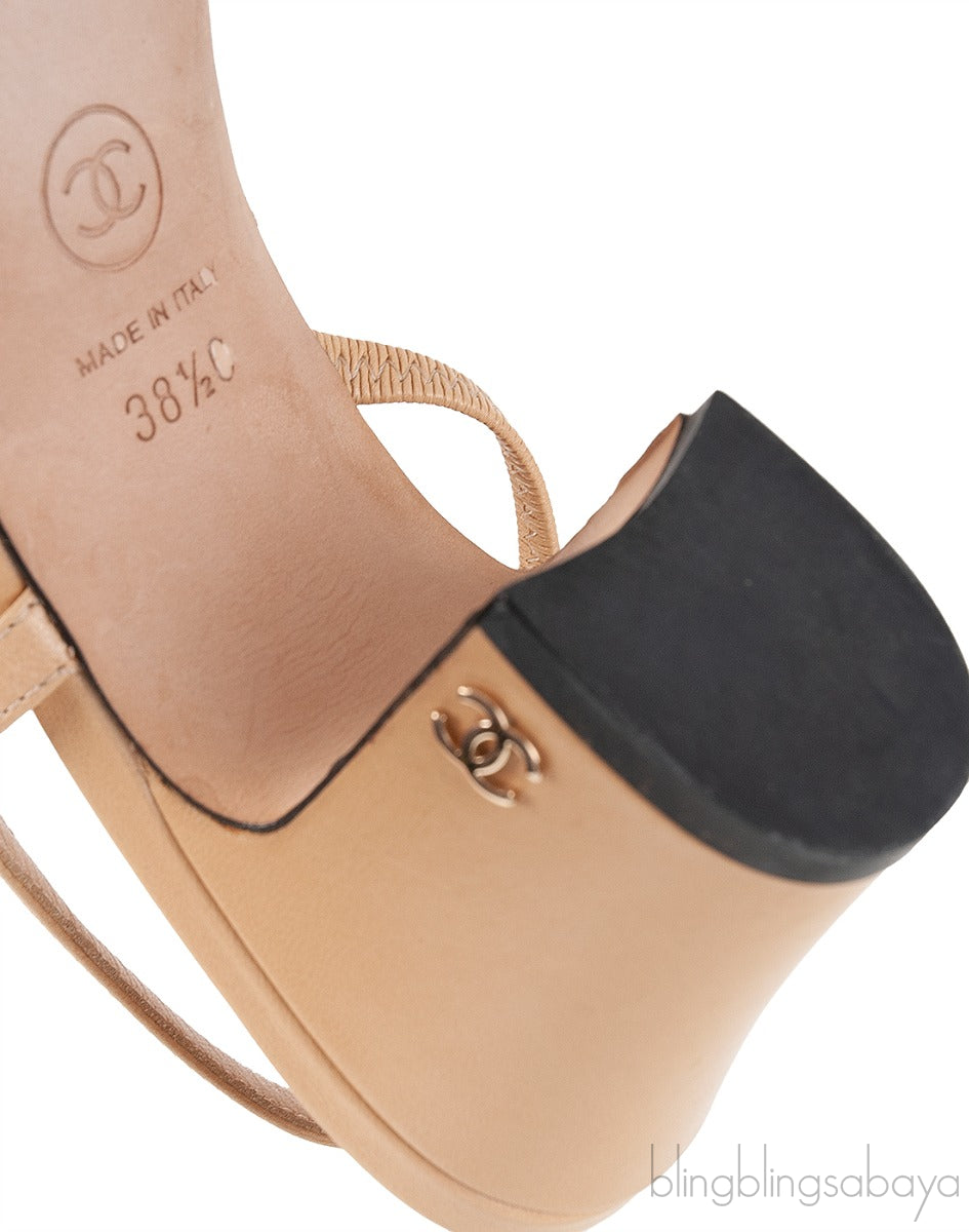 Beige Leather Cap Toe Slingback Shoes