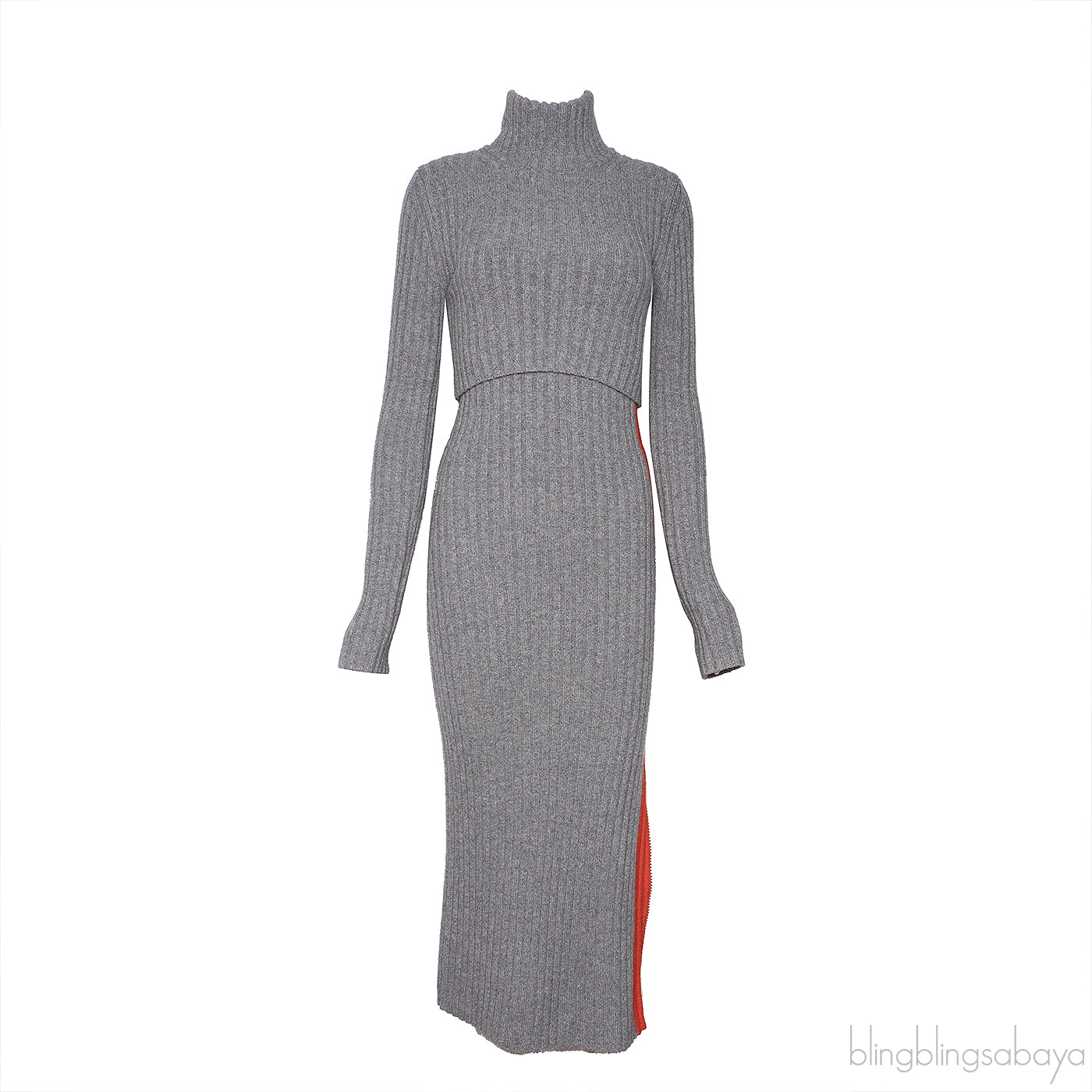 Sportmax Grey Ribbed Wool-Blend Midi Dress with Orange Panels