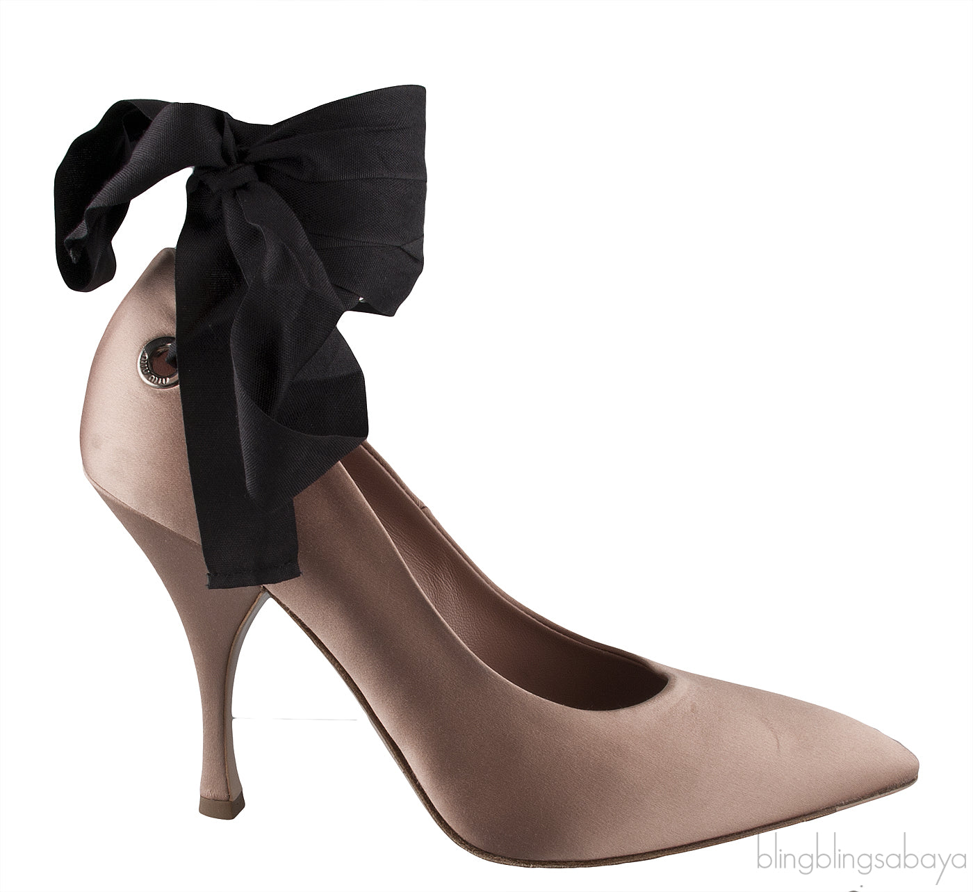 Nude Satin Black Strap Heels