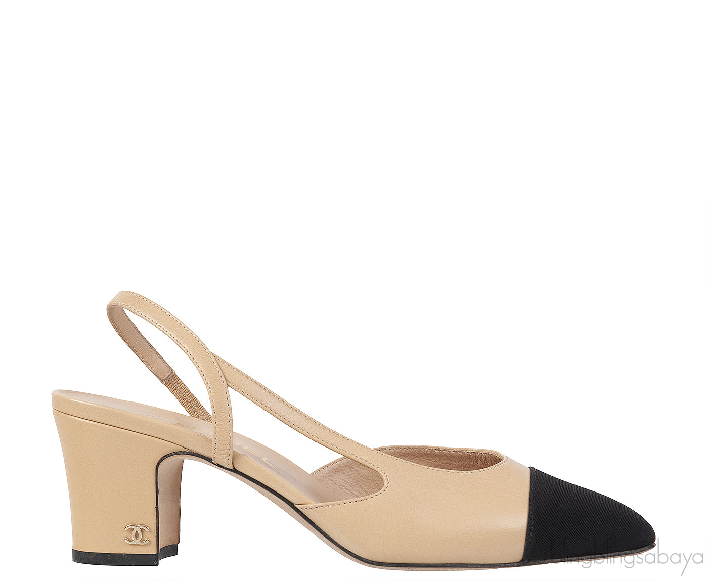 Beige Leather Cap Toe Slingback Shoes