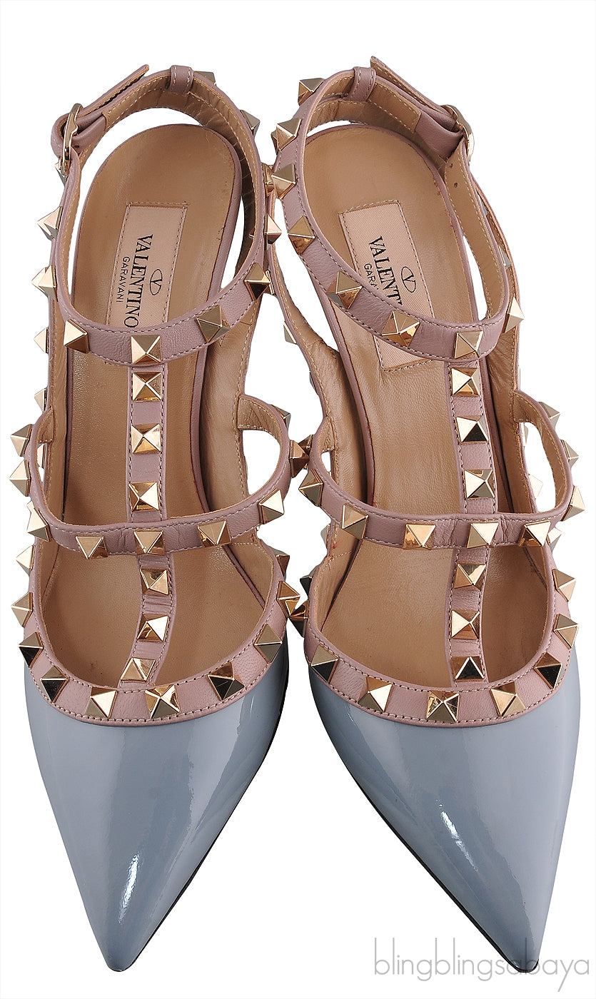 Valentino Garavani Blue Grey Patent Rockstuds Heels