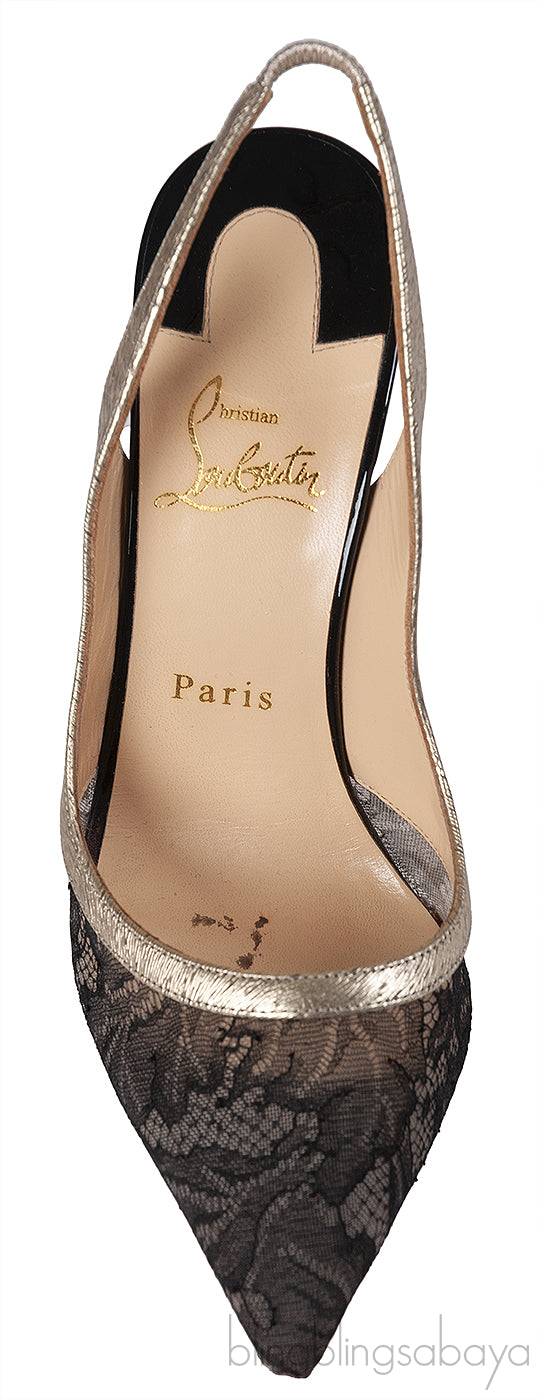Christian Louboutin Black Floral Lace Gold Trim Slingback Heels