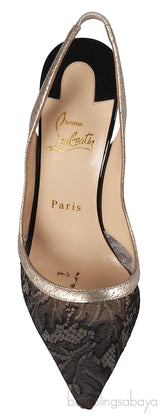 Christian Louboutin Black Floral Lace Gold Trim Slingback Heels