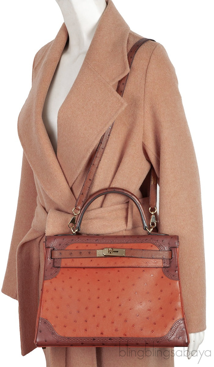 Kelly 32 Ghillies Rouge H Sunset and Brique Ostrich Bag
