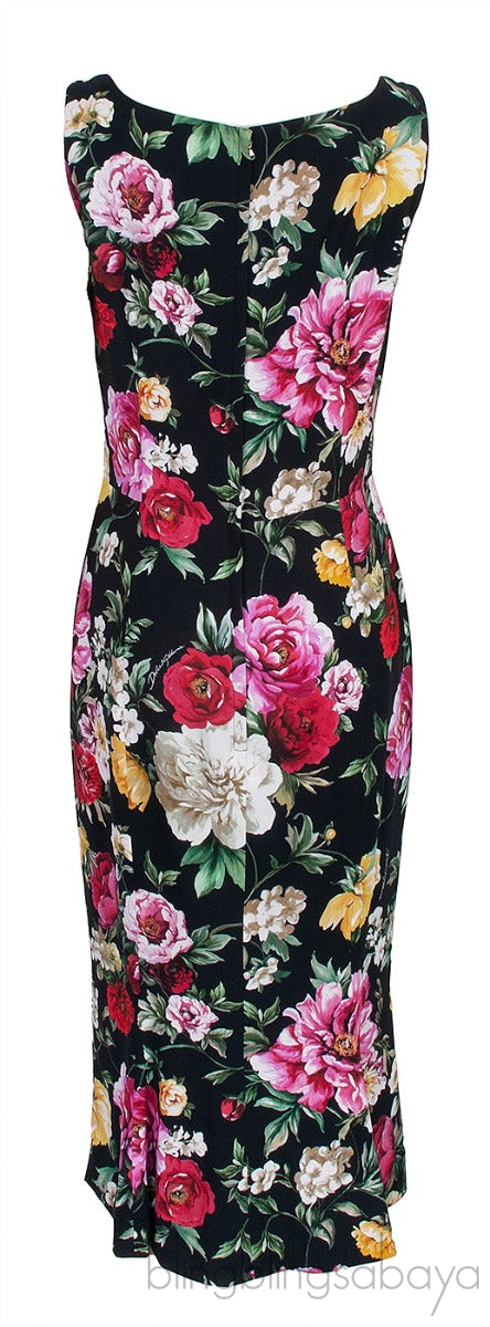 Black Floral Printed Crepe Sleeveless Midi Dress