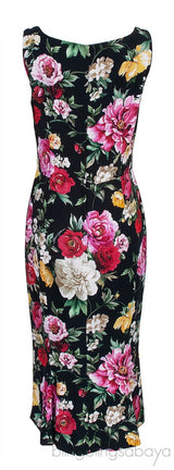 Black Floral Printed Crepe Sleeveless Midi Dress