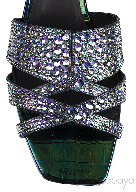 Petrol Patent Croc Embossed Crystal Heeled Sandals