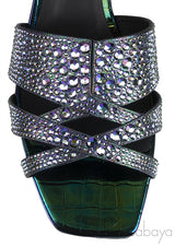 Gina Petrol Patent Croc Embossed Crystal Heeled Sandals