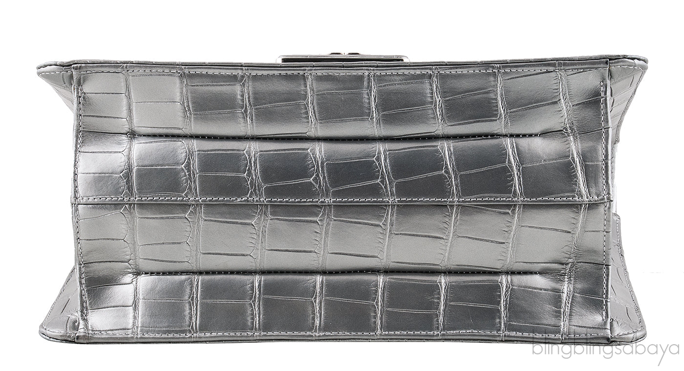 Silver Grey Crocodile Flap Bag