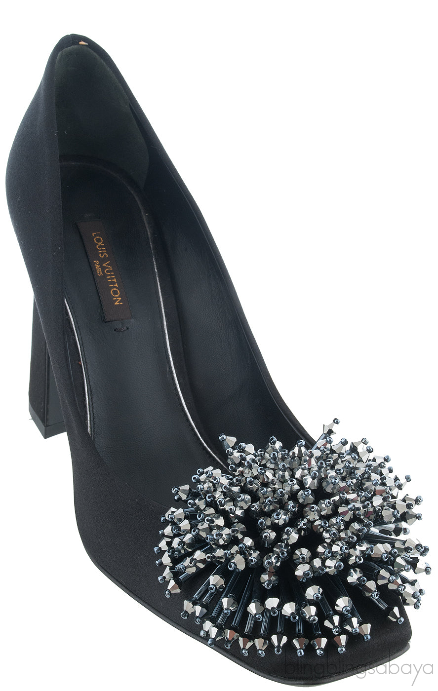 Black Satin Bead Embellished Heels
