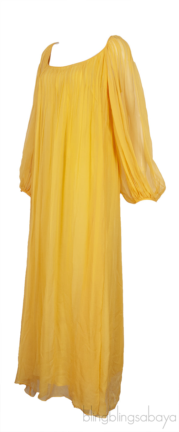 Dark Honey Pleated Silk Mousseline Maxi Dress