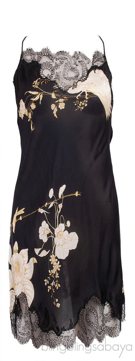 Black Floral Print Lace Trim Cami Dress