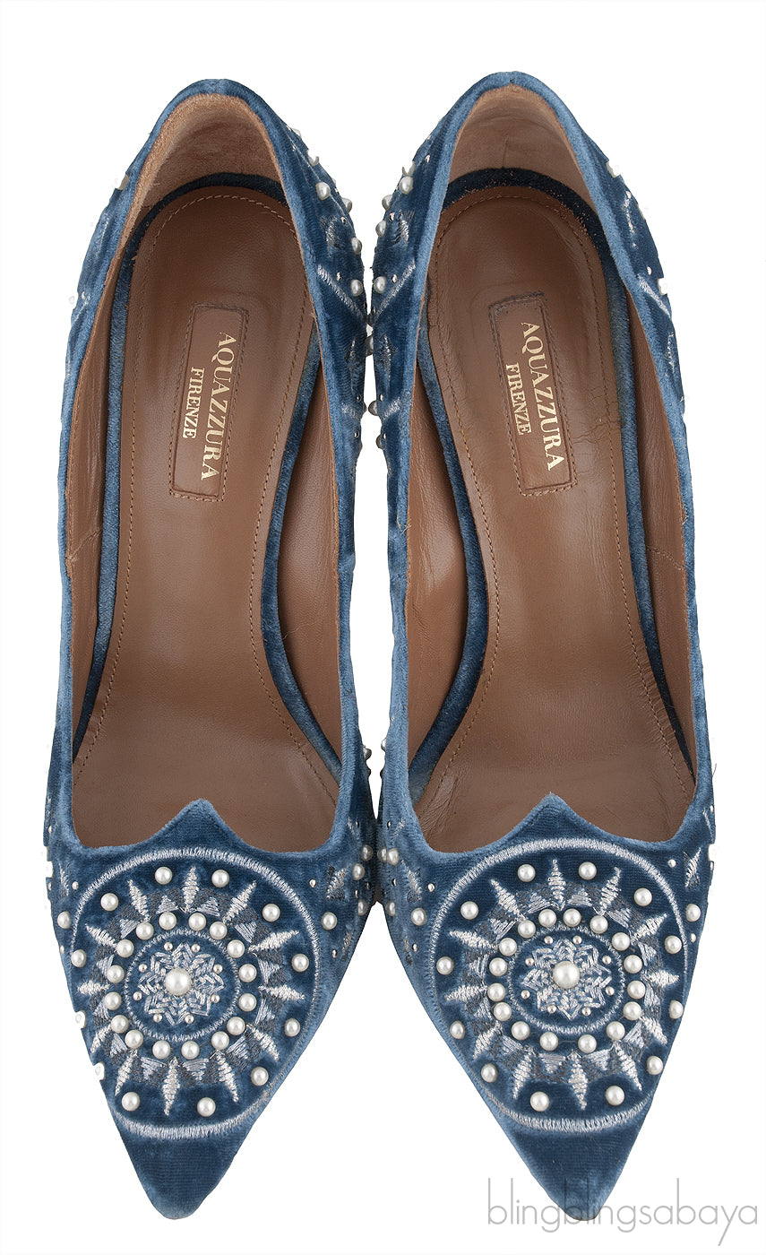 Pearl Embroidered Velvet Heels