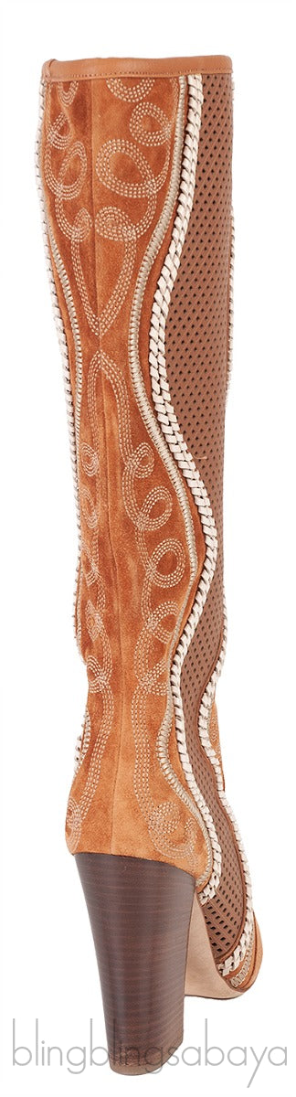 Brown Perforated Texan Knee High Boots