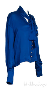 Blue Self-tie Silk Longsleeve Shirt