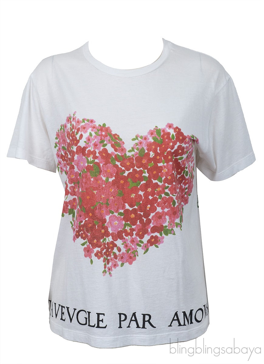 Flower Heart & Bird Print White T-shirt