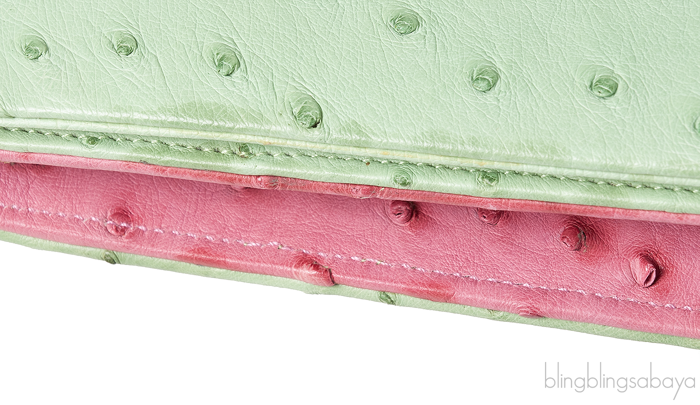 Laykh Apple Green & Pink Ostrich Trapezoid Clutch