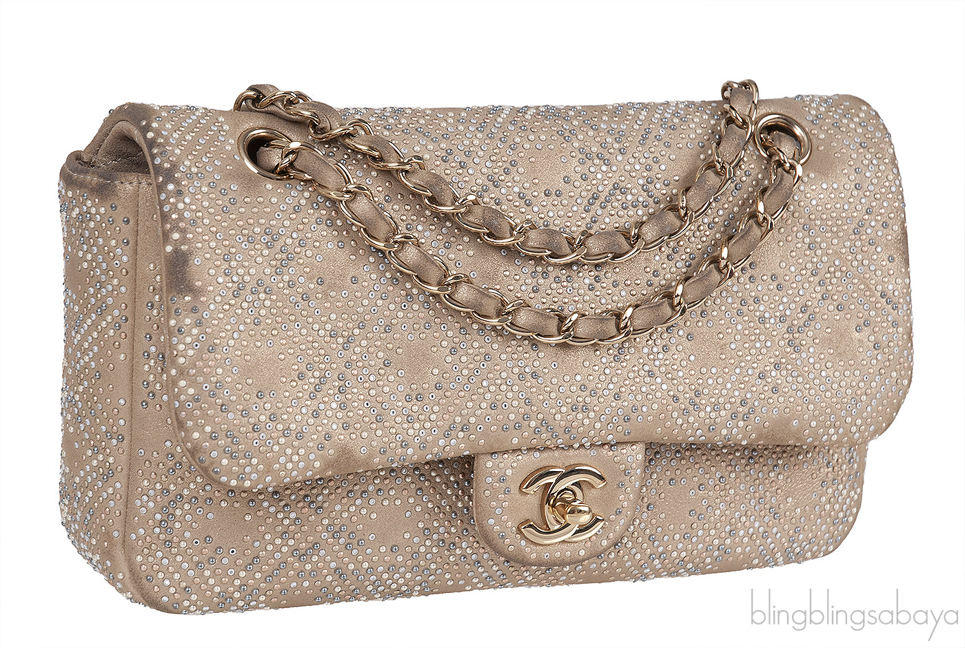 Crystal Bead Jewel Gold Medium Flap Bag