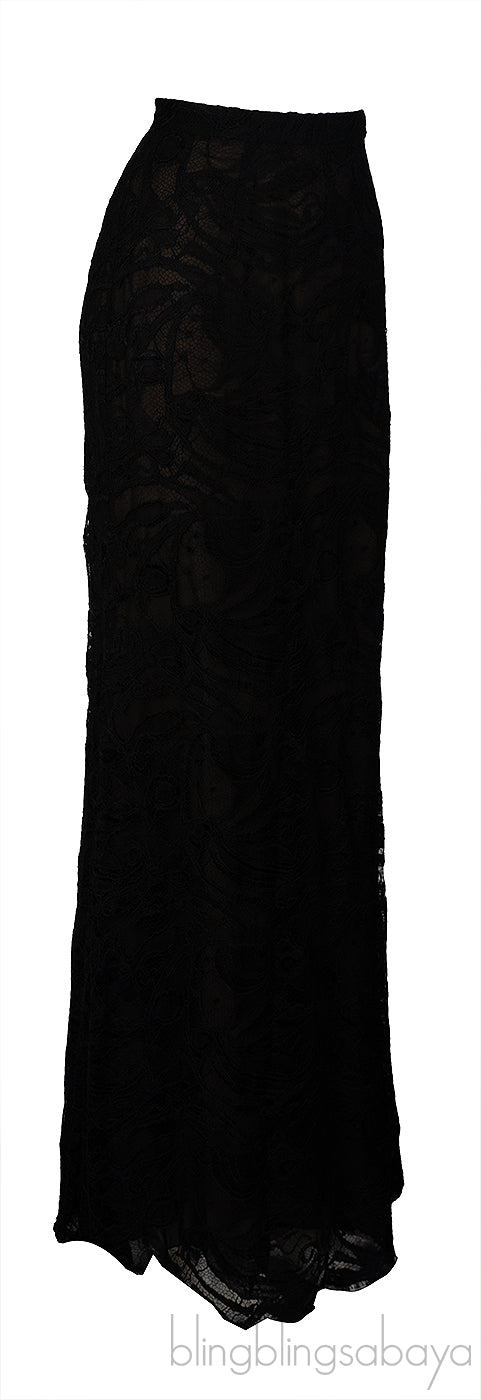 Emilio Pucci Black Silk Lace Trim Shirt & Black Lace Maxi Skirt M