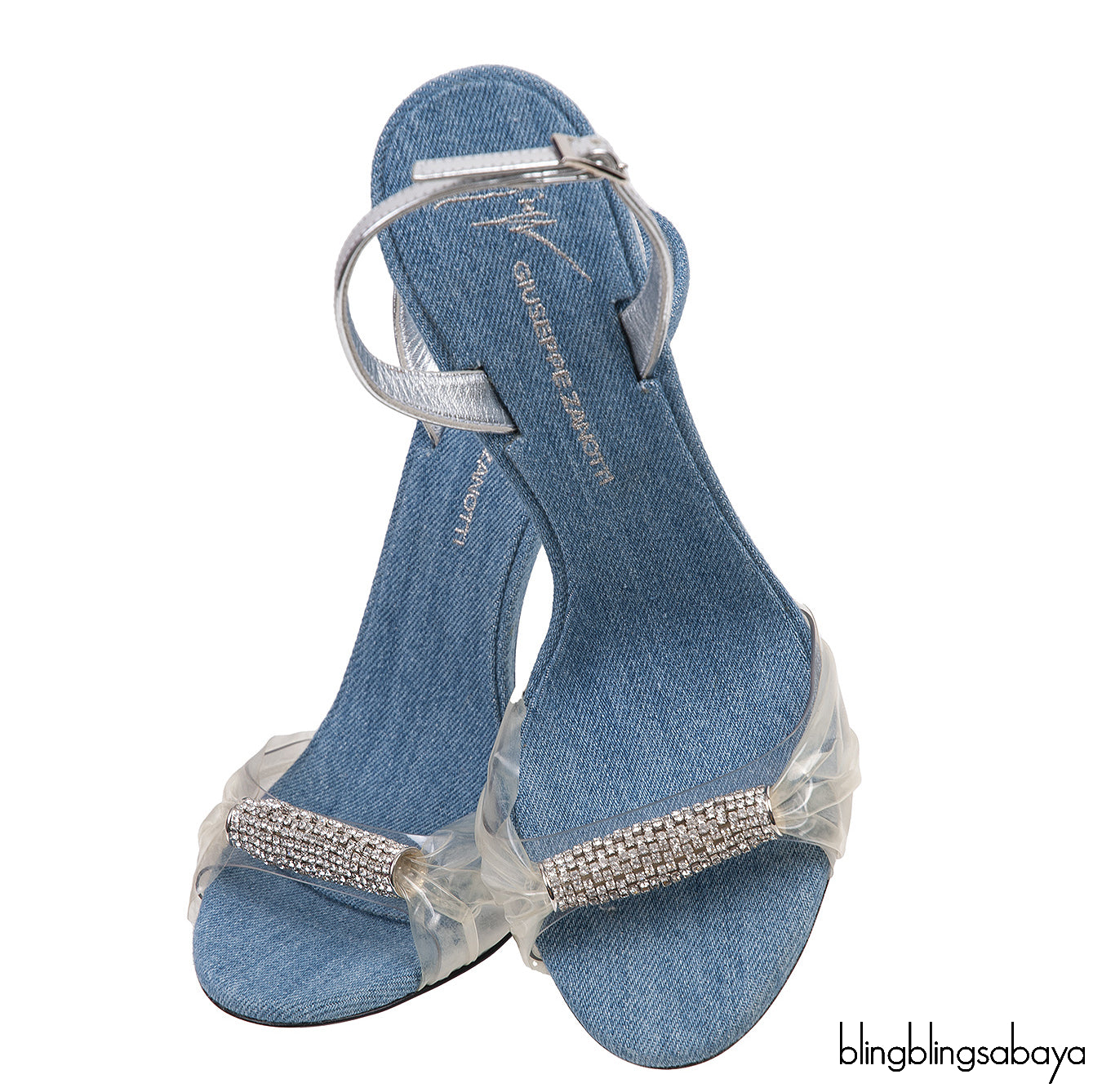 Giuseppe Zanotti Blue Denim Crystal PVC Slingback Heels