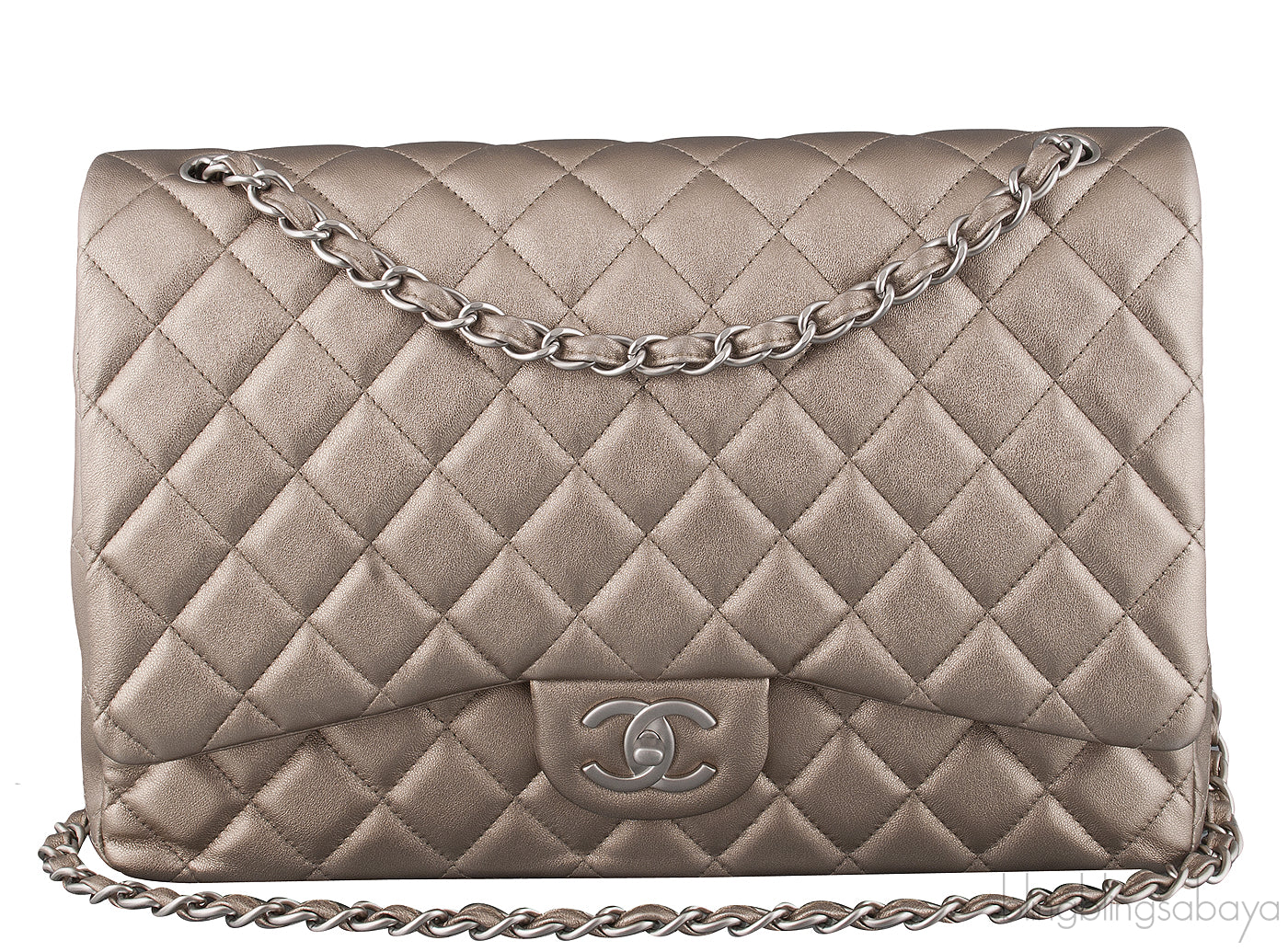Metallic Silvery Gold Quilted Maxi Flap Bag