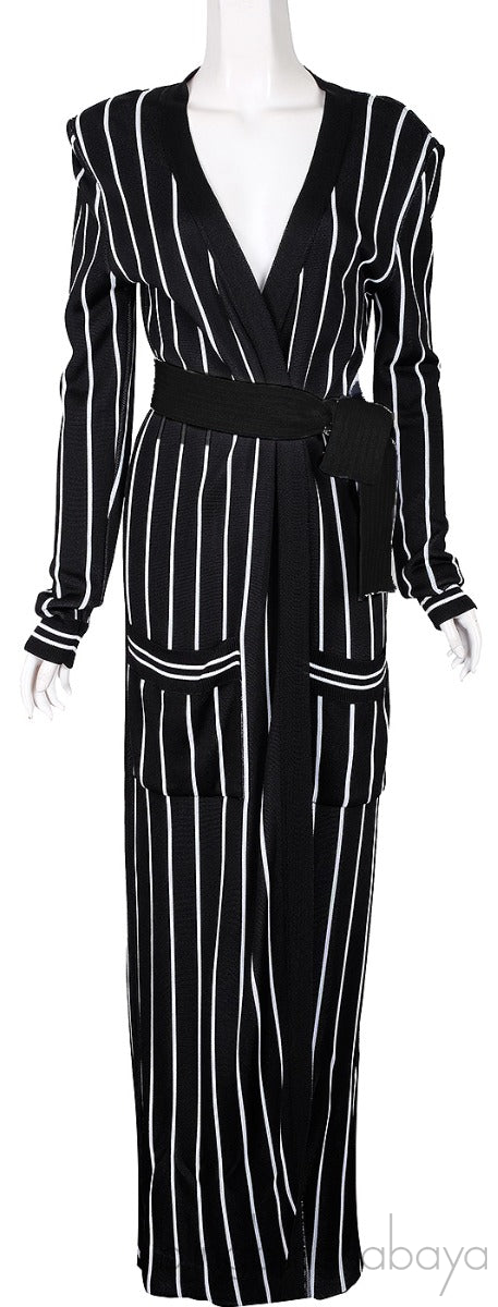 Black Stripe Knit Stretch Cardigan Robe