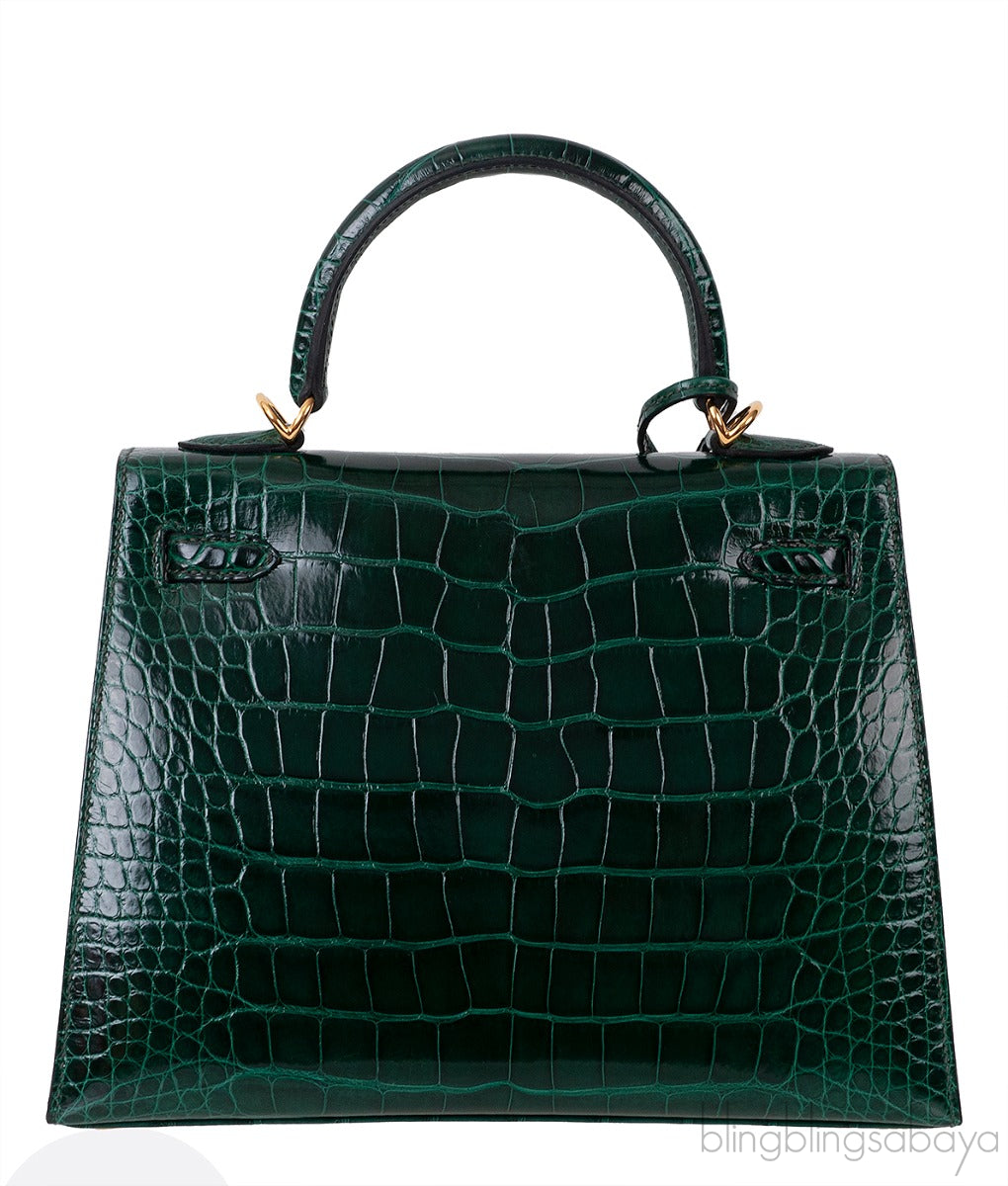 Kelly 25 Sellier Vert Fonce Patent Crocodile GHW