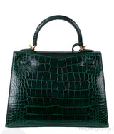 Kelly 25 Sellier Vert Fonce Patent Crocodile GHW