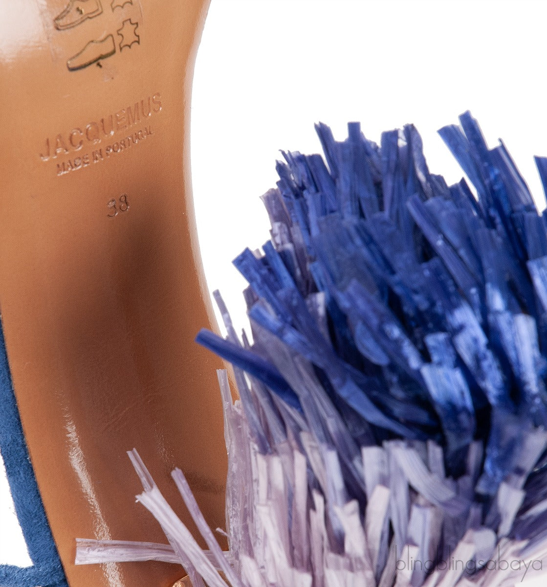 Jacquemus Blue Raffia Pompom Heel Suede Sandals