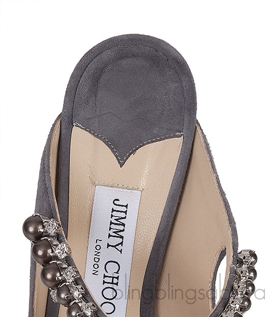 Jimmy Choo Grey Suede Bing Crystal Leather 100mm Crystal Mules