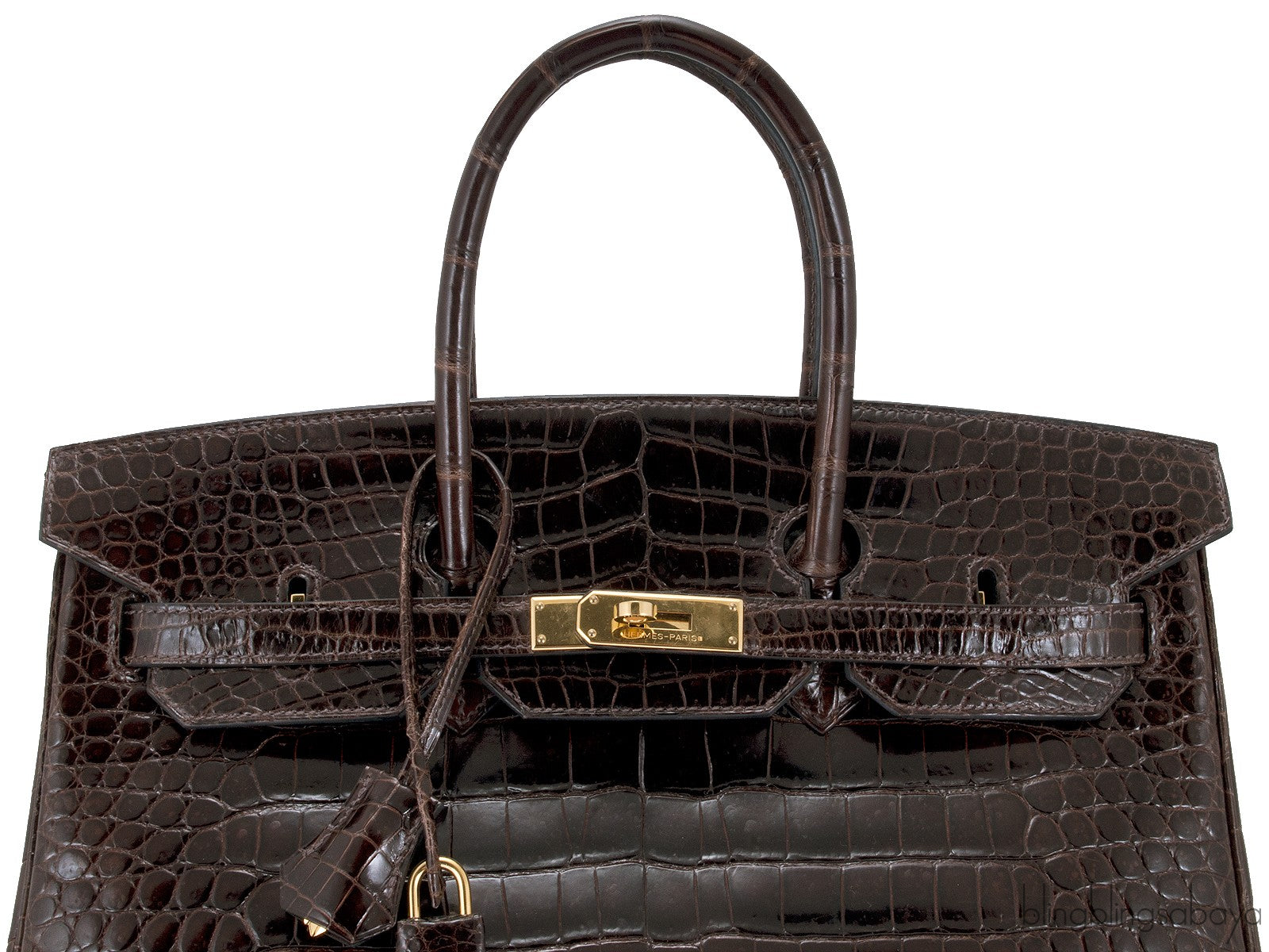 Birkin 35 Brown Patent Porosus GHW