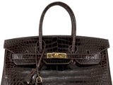 Birkin 35 Brown Patent Porosus GHW