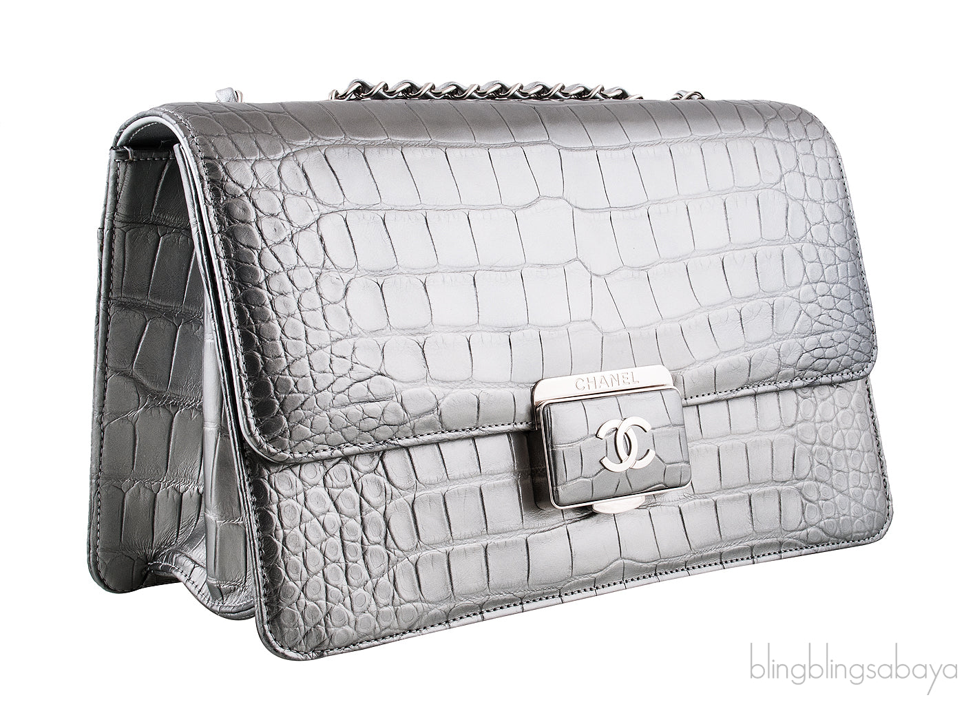 Silver Grey Crocodile Flap Bag