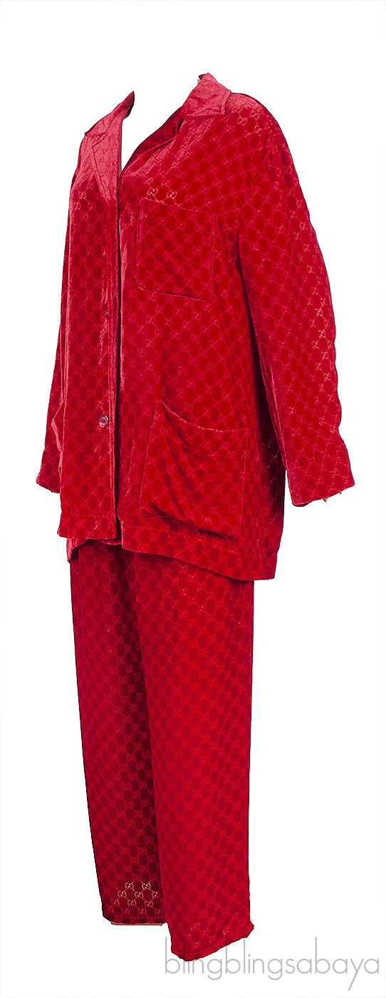 Gucci Red GG Devore Velvet Shirt & Wide Leg Trouser