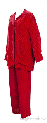 Gucci Red GG Devore Velvet Shirt & Wide Leg Trouser