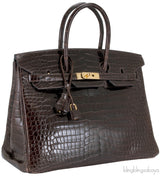 Birkin 35 Brown Patent Porosus GHW