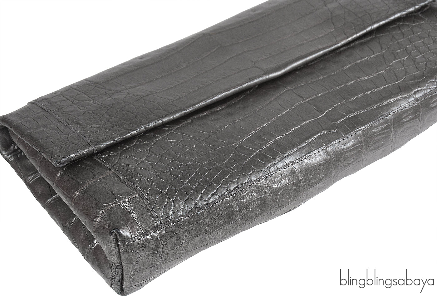 Nancy Gonzalez Grey Fold-Over Crocodile Clutch