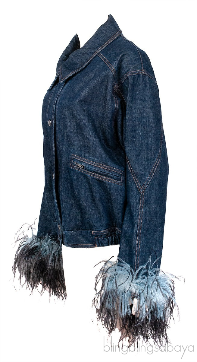 Blue Denim Feather Trim Jacket