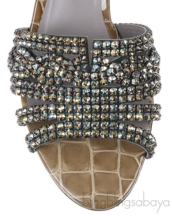 Moss Green Croc Embossed Crystal Heeled Sandals
