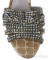 Moss Green Croc Embossed Crystal Heeled Sandals