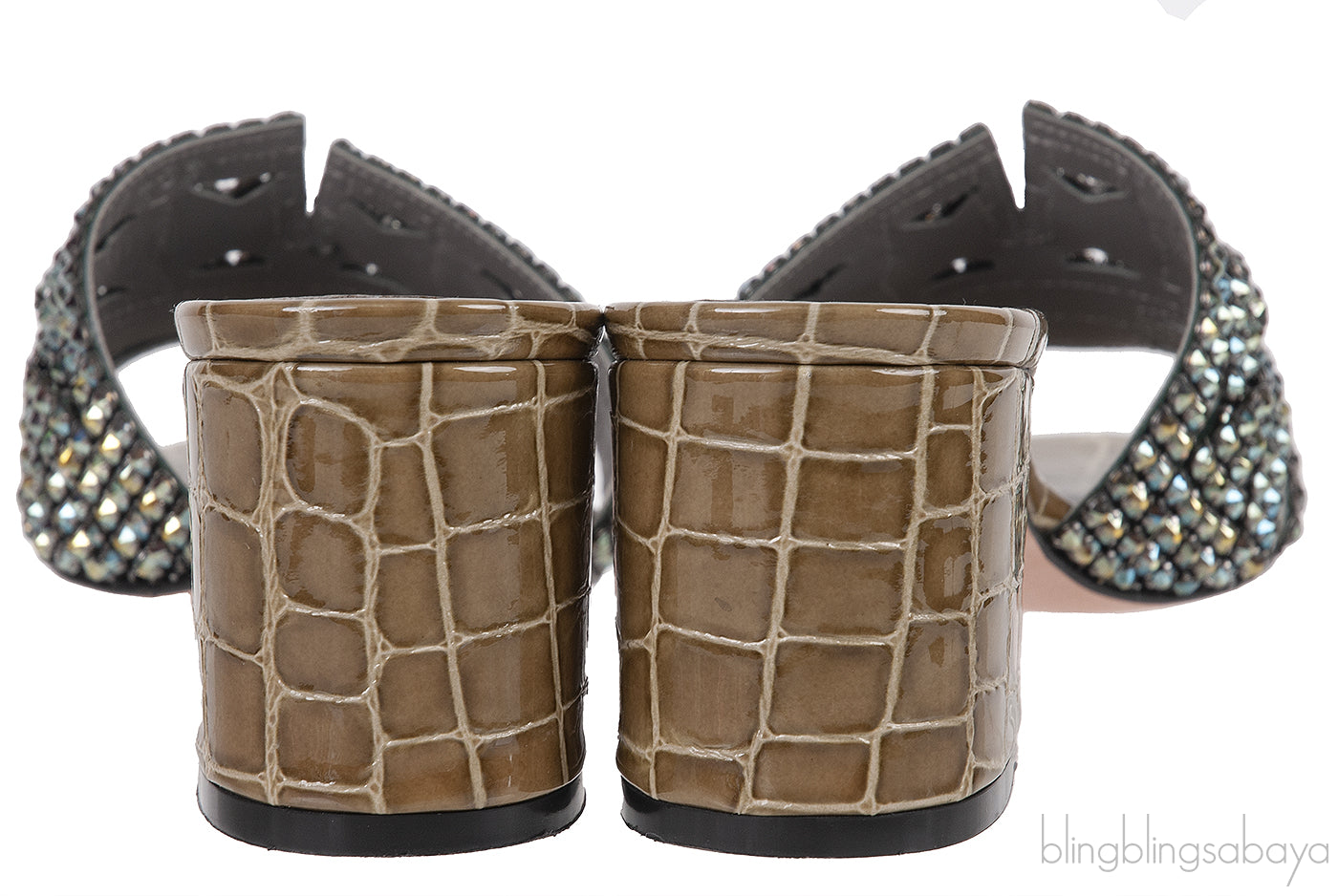 Moss Green Croc Embossed Crystal Heeled Sandals