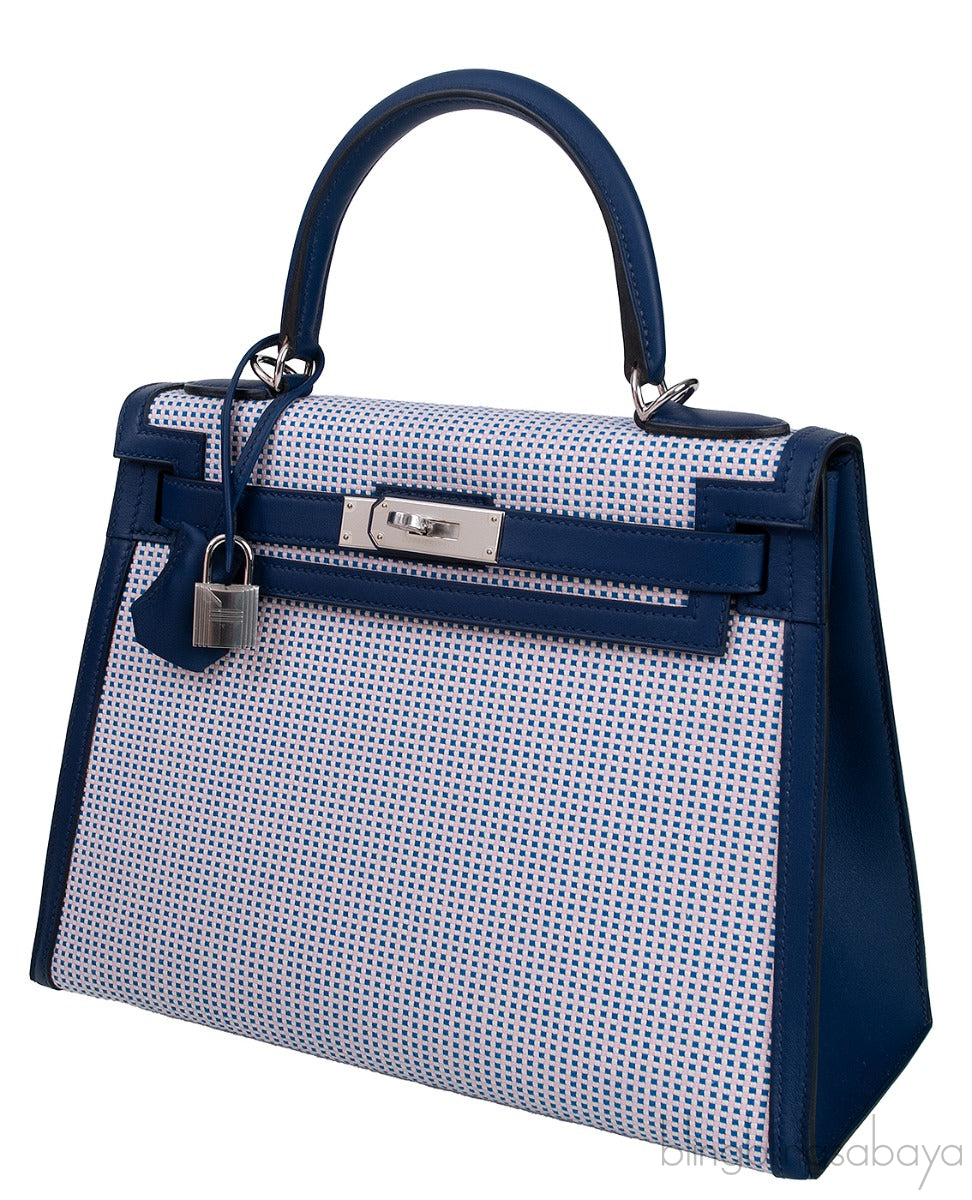 Kelly 28 Sellier Toile Quadrille Veau Swift Ecru-Mauve-Blue