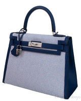 Kelly 28 Sellier Toile Quadrille Veau Swift Ecru-Mauve-Blue
