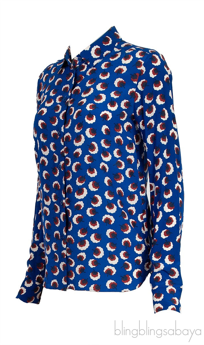 Blue Printed Silk Long Sleeve Shirt