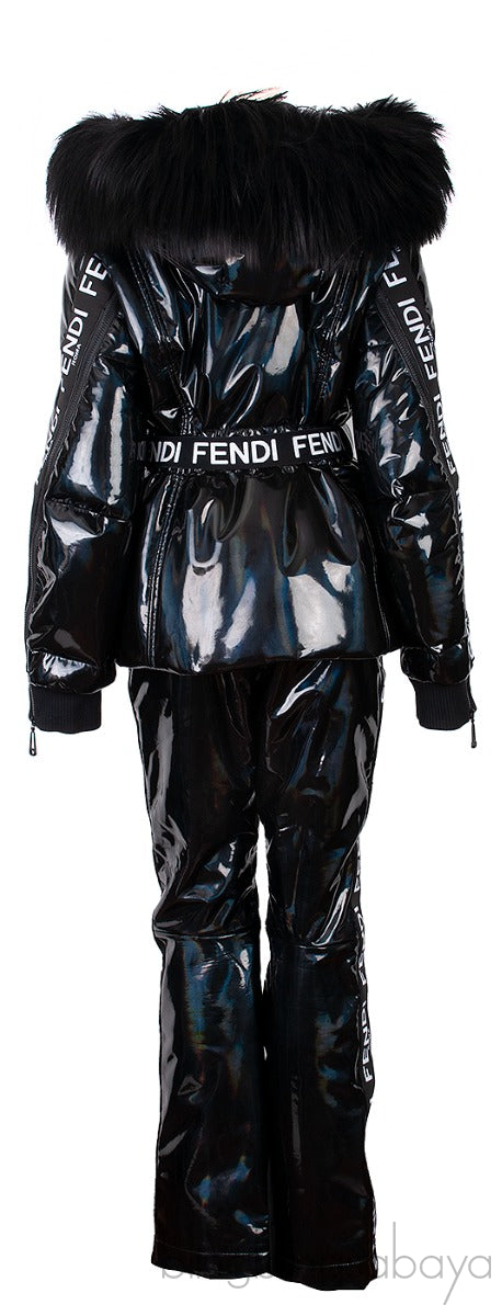 Black Holographic Fur-trimmed Down Ski Jacket & Trouser Set