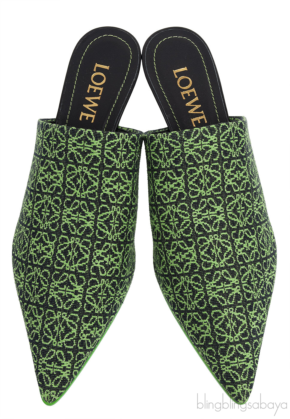 Anagram Embroidered Fabric Pointy Mules