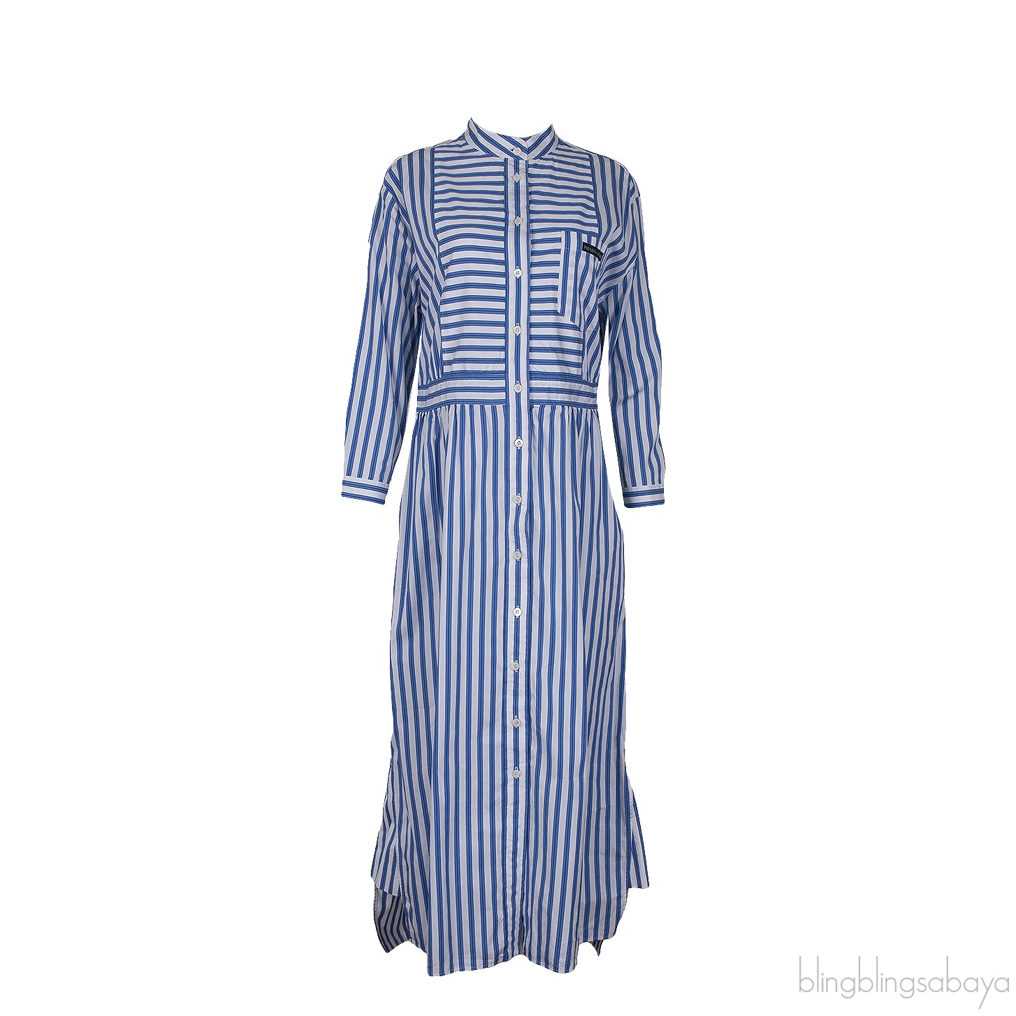 White & Blue Striped Cotton Midi Dress