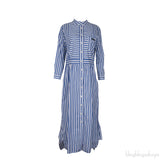 White & Blue Striped Cotton Midi Dress